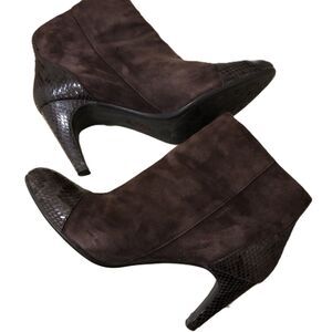 Söfft Suede Leather Brown Booties Faux Snakeskin Toe & Heel  3” Heels 6.5M